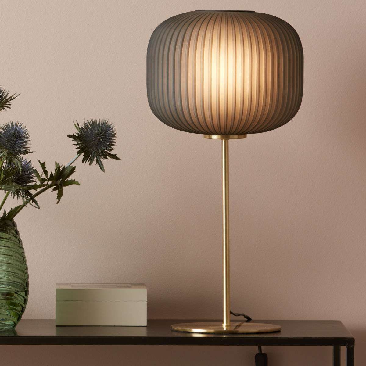 Stołowa LAMPKA biurkowa SOBER 107820 Markslojd szklana LAMPA stołowa plisowana mosiądz szara