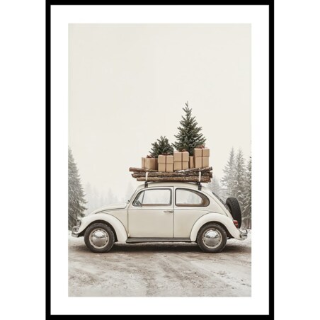 Poster Story, Plakat, Obraz - Zabytkowy Samochód z Prezentami i Choinką, wymiary 50 x 70 cm