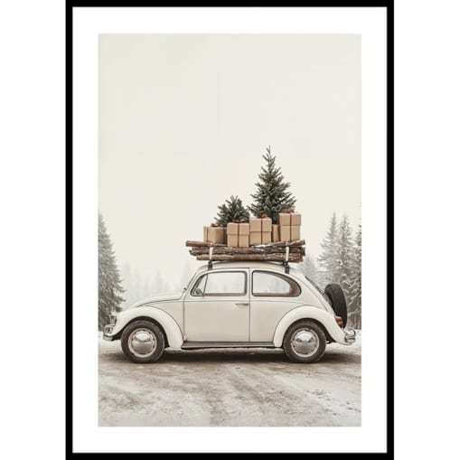 Poster Story, Plakat, Obraz - Zabytkowy Samochód z Prezentami i Choinką, wymiary 50 x 70 cm