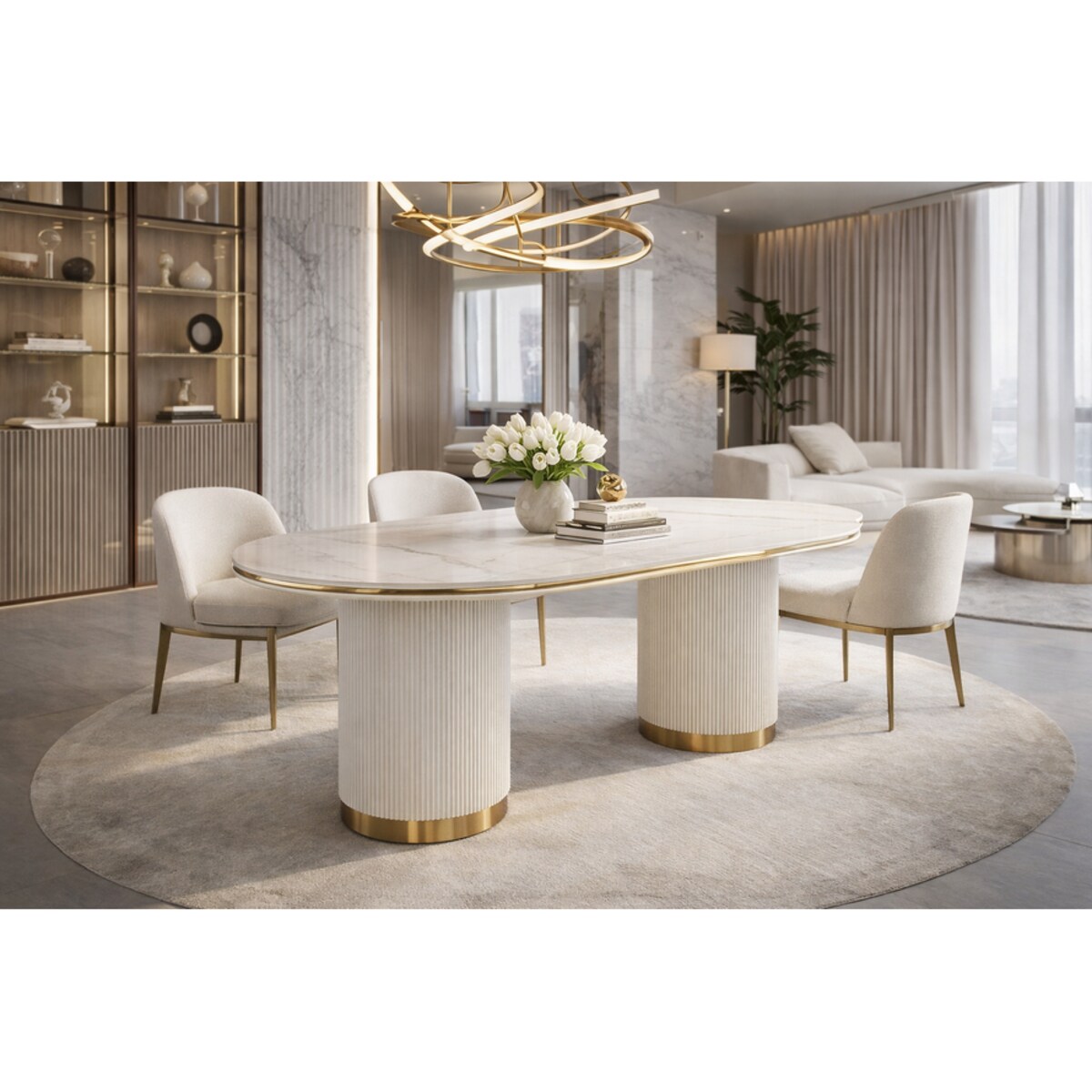Stół owalny glamour marmur 180x90 ryflowane nogi do jadalni Luna Ecru