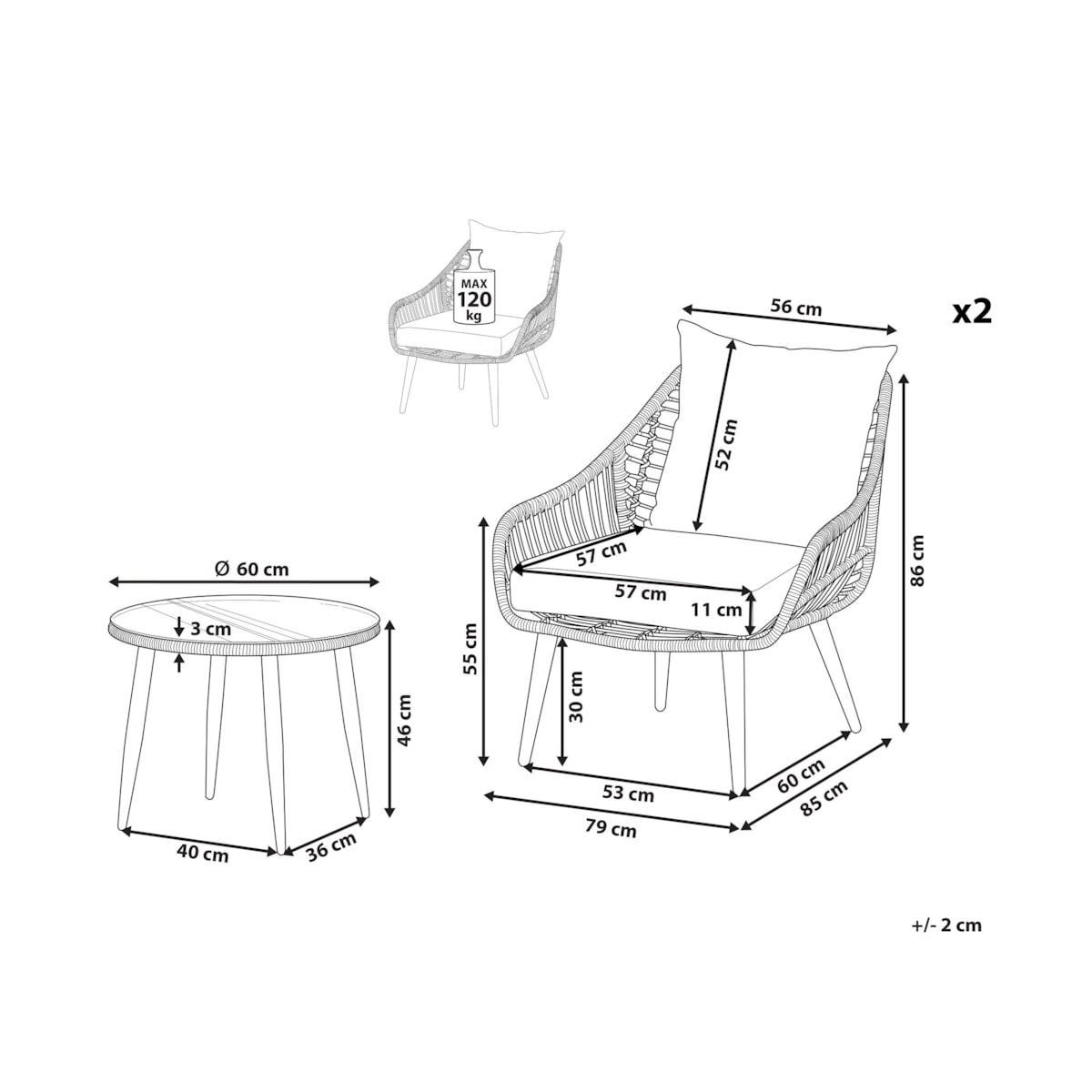 Zestaw mebli balkonowych z poduszkami LAURETO Technorattan Naturalny
