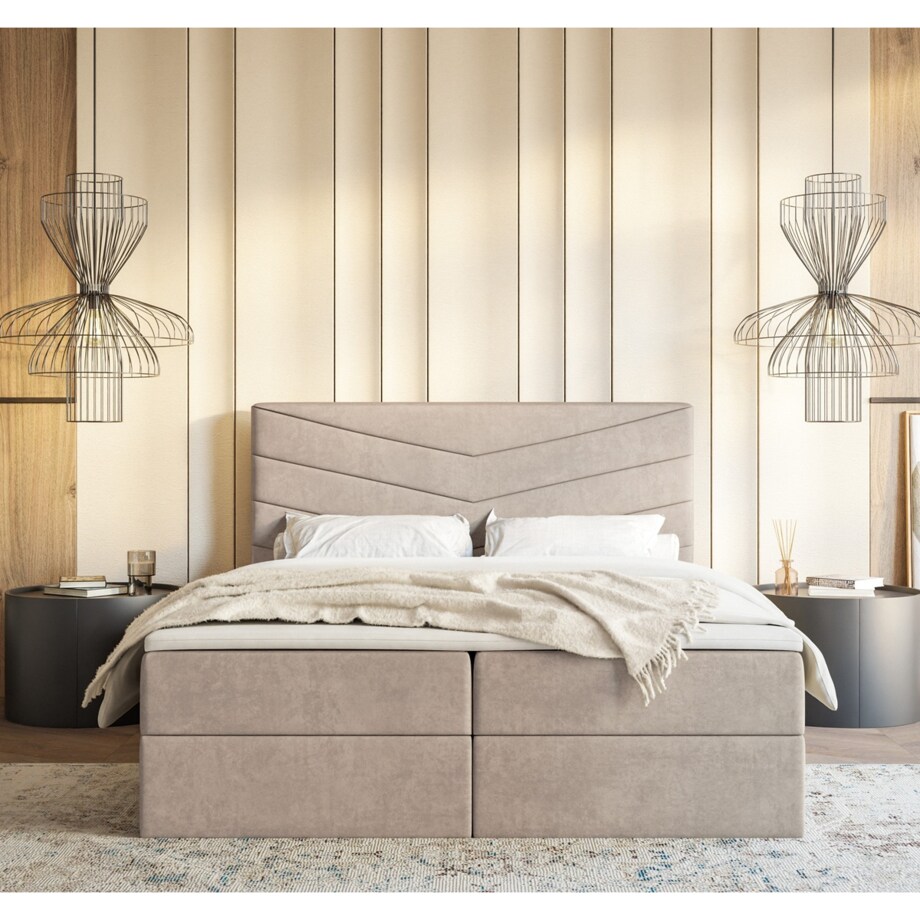 Łóżko kontynentalne G6 do sypialni 160x200 z pojemnikiem i materacem-beżowe