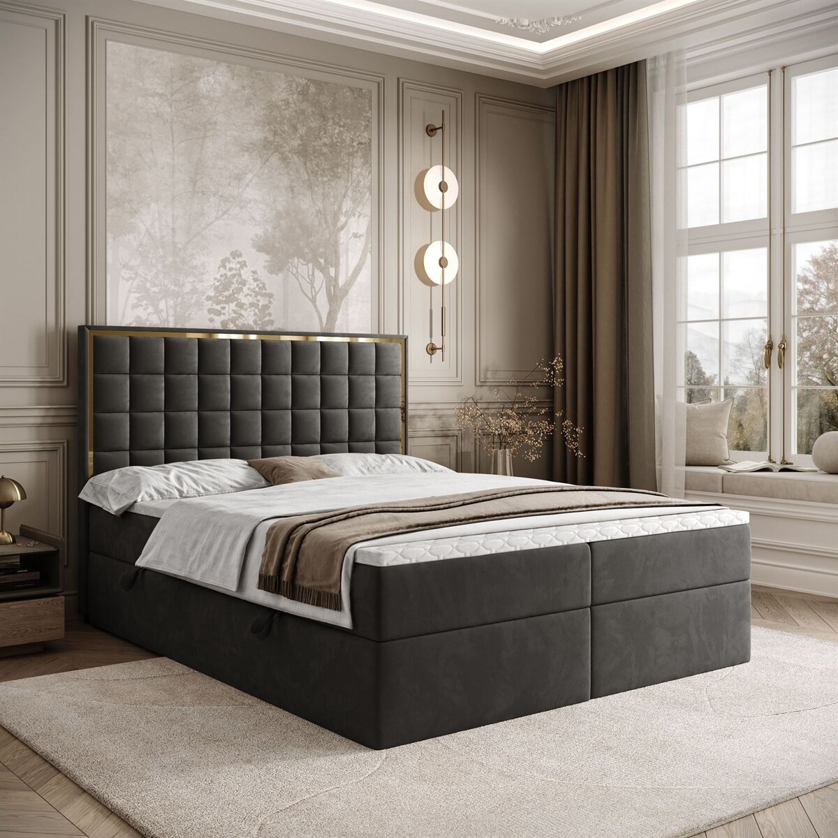 Łóżko kontynentalne ISADORA GOLD, pojemnik na pościel, 140x200, RV 185, topper