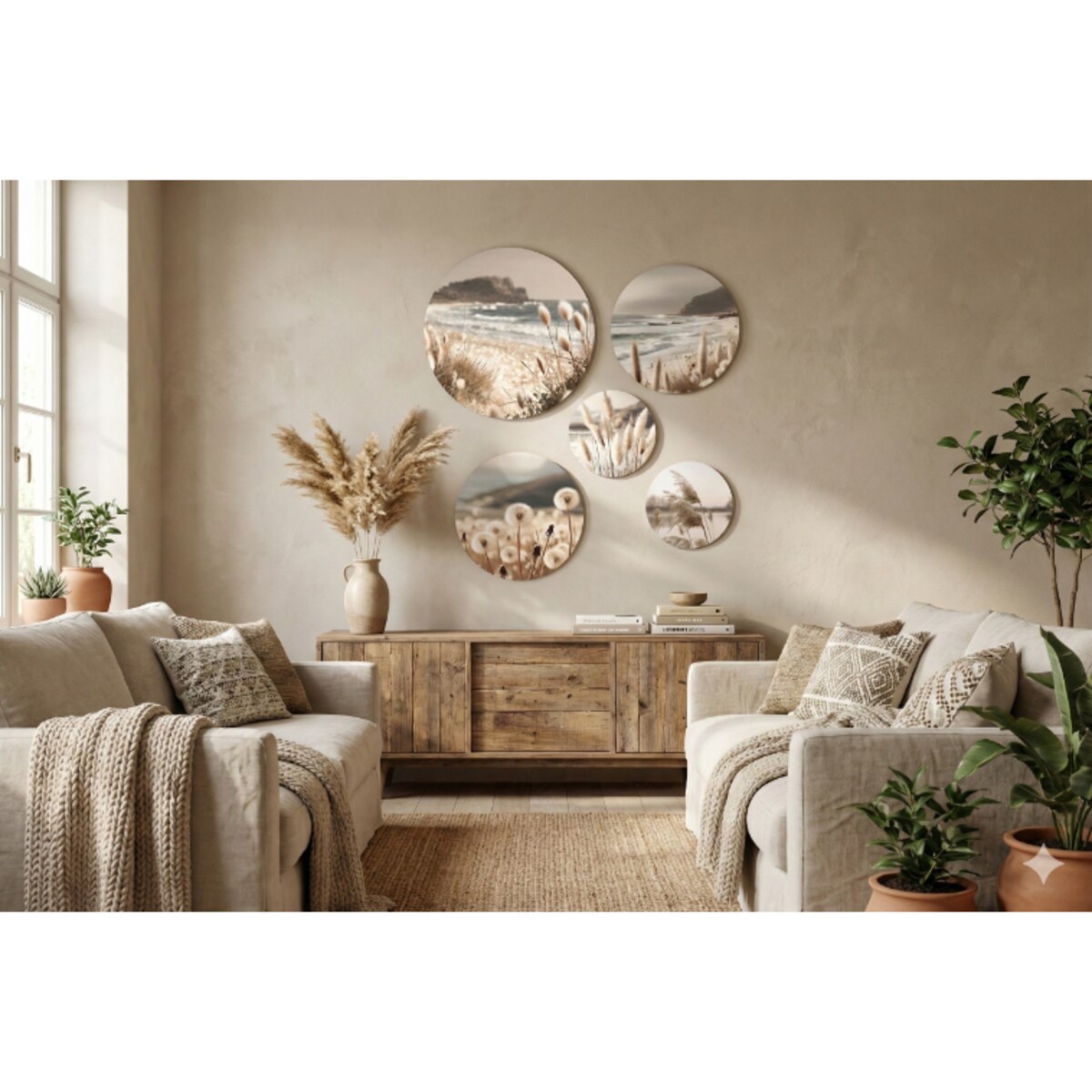 Okrągłe Obrazy na ścianę Beżowy Zestaw do salonu sypialni pokoju Trawy