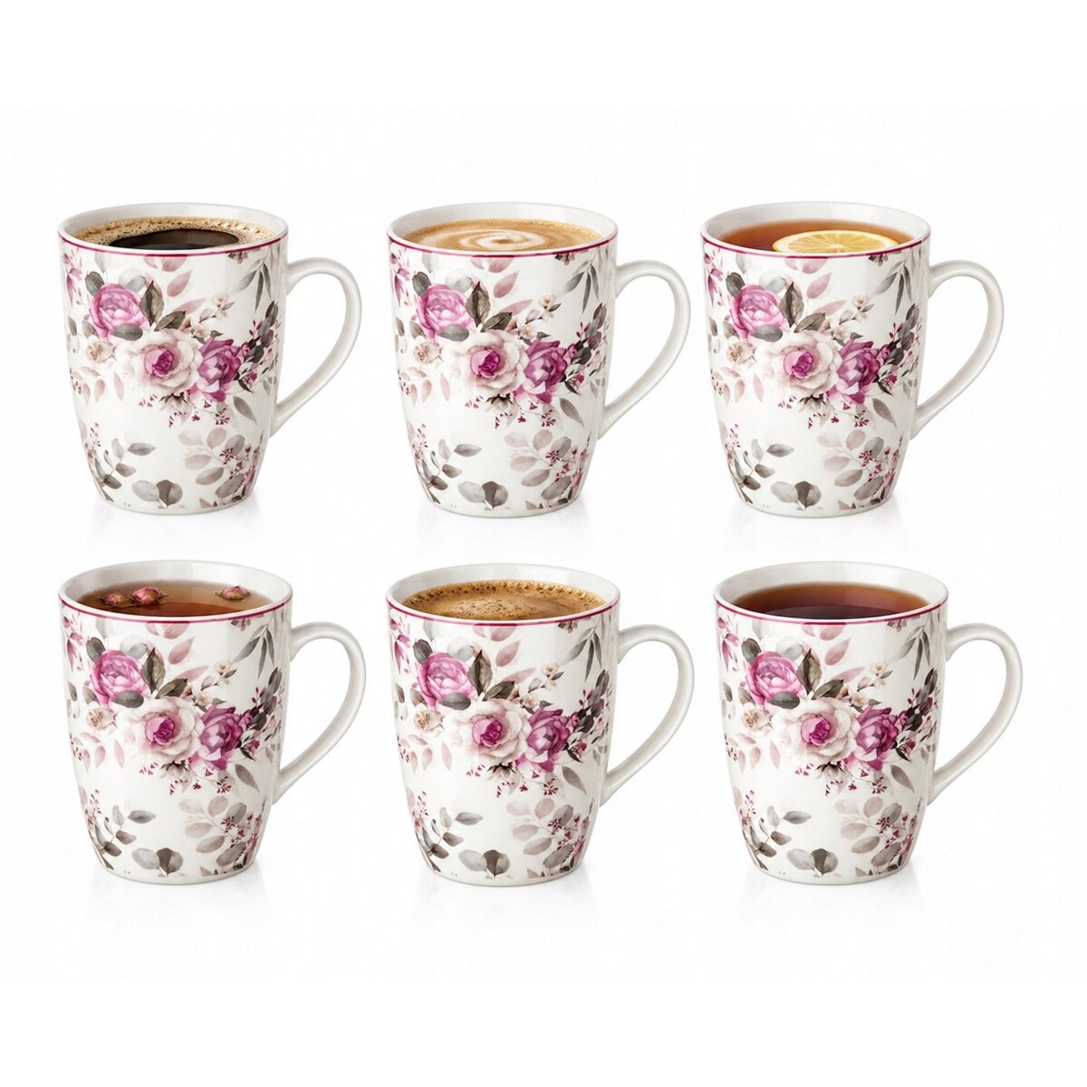 Zestaw 6 kubków 340 ml róże eleganckie do kawy herbaty na prezent porcelana