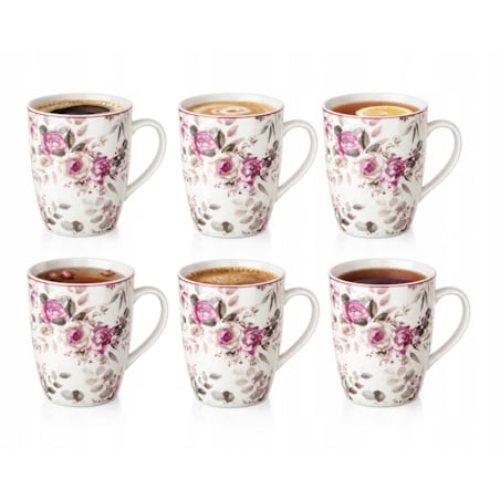 Zestaw 6 kubków 340 ml róże eleganckie do kawy herbaty na prezent porcelana