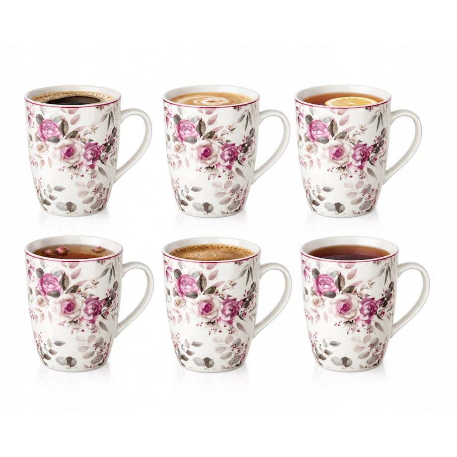 Zestaw 6 kubków 340 ml róże eleganckie do kawy herbaty na prezent porcelana