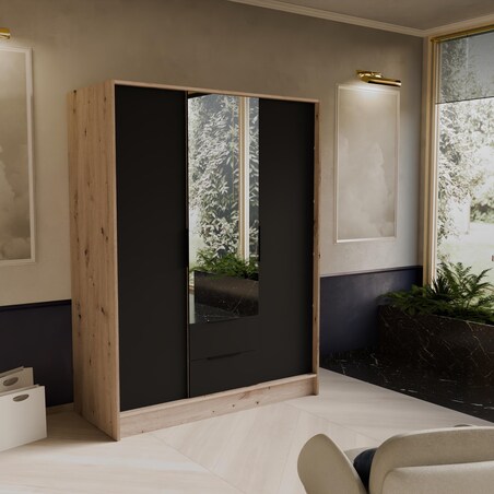 Szafa NIKOLA 150 z lustrem do garderoby, sypialni- sonoma+czarny front