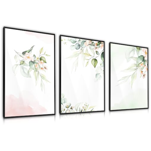 Zestaw 3x Plakat W Ramie Akwarelowe LIŚCIE Kwiaty 60x80cm