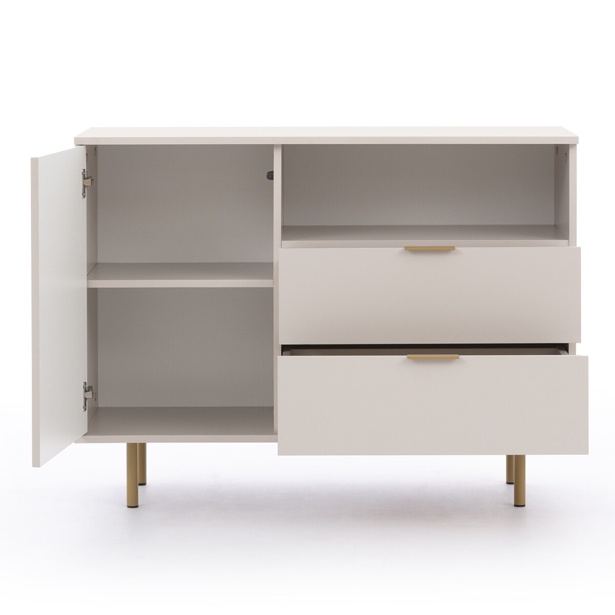 Komoda jednodrzwiowa z szufladami ryflowana beżowa/złote nóżki Molly