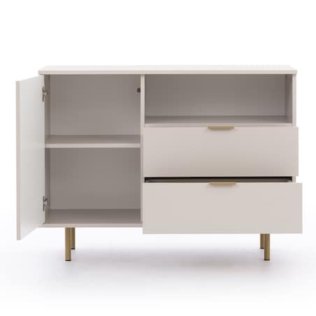 Komoda jednodrzwiowa z szufladami ryflowana beżowa/złote nóżki Molly