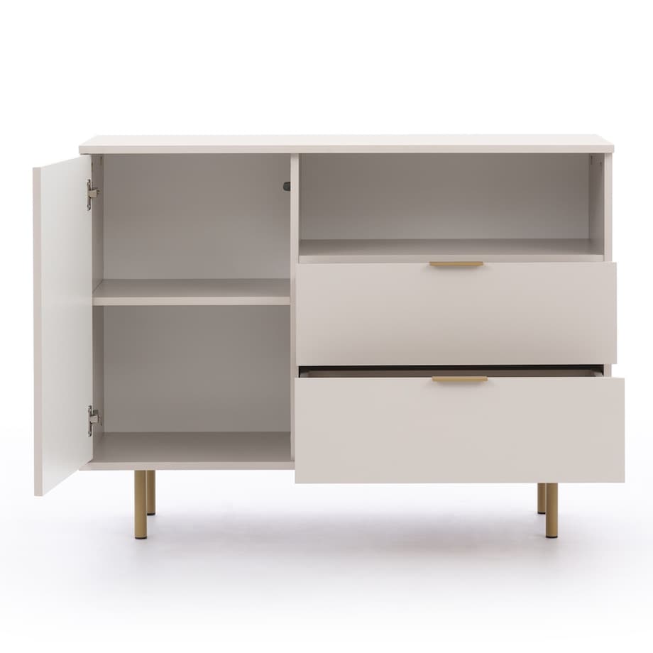 Komoda jednodrzwiowa z szufladami ryflowana beżowa/złote nóżki Molly