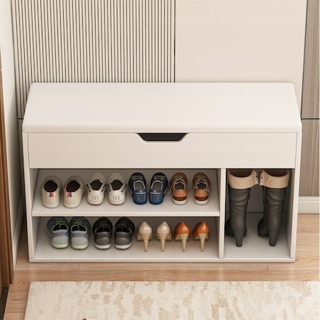 Szafka na buty z siedziskiem drewniana schowek 3 półki otwierana biała 80cm