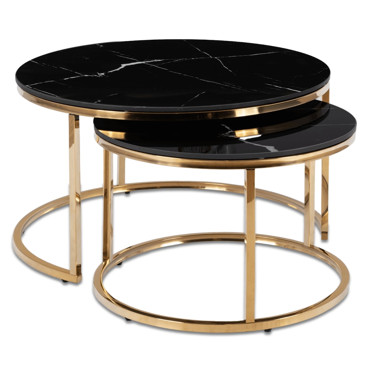 Stolik Kawowy Okrągły Zestaw 2w1 Ława Glamour Marmur Czarny Złoty MILANO