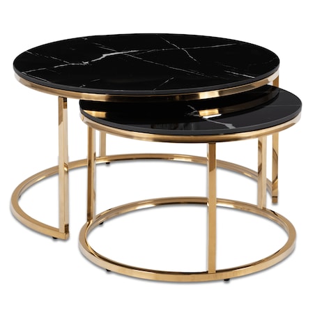 Stolik Kawowy Okrągły Zestaw 2w1 Ława Glamour Marmur Czarny Złoty MILANO