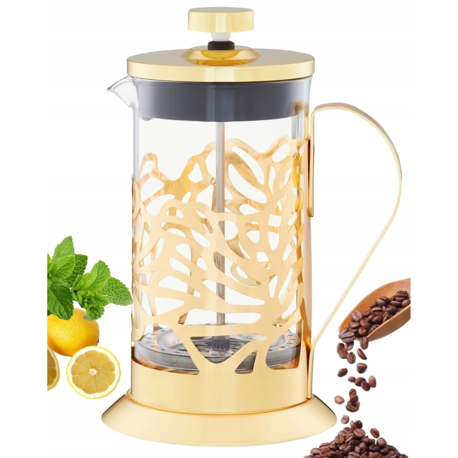 DZBANEK SZKLANY ZŁOTY Z ZAPARZACZEM na zioła herbatę TŁOK ręczny 600 ml