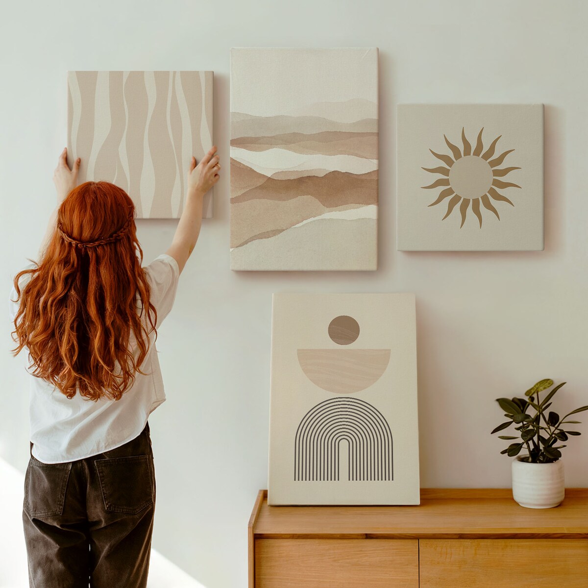 Zestaw 4 obrazów na płótnie - Abstrakcyjny pejzaż natura geometria boho - beżowy