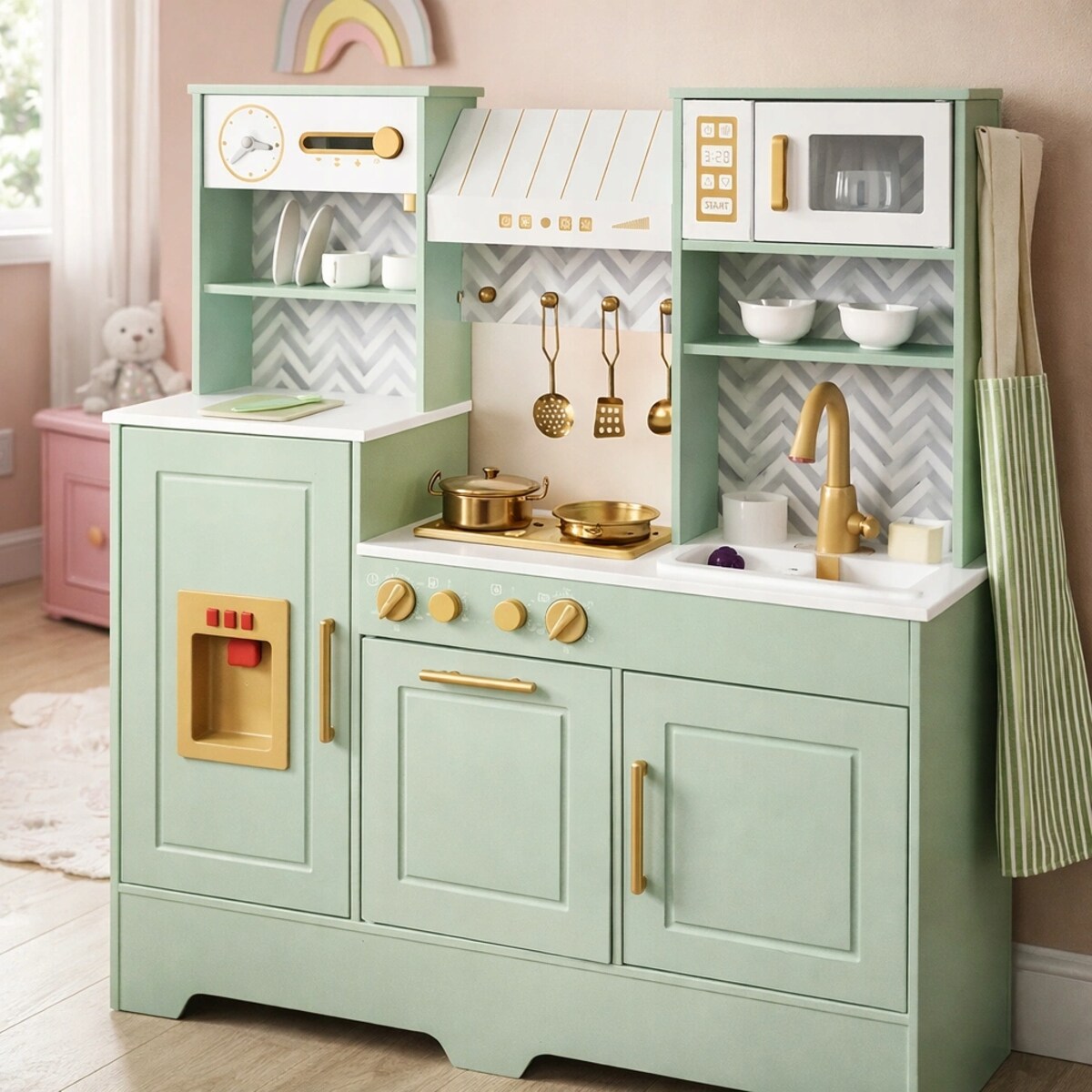 Drewniana kuchnia dla dzieci MintLux – duża kuchnia zabawkowa z dźwiękami, zlewem i akcesoriami 90 cm