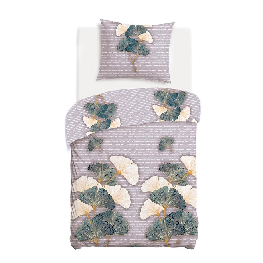 Pościel flanelowa 140x200 Solenne Dark szara, liście miłorzębu, Flanelove