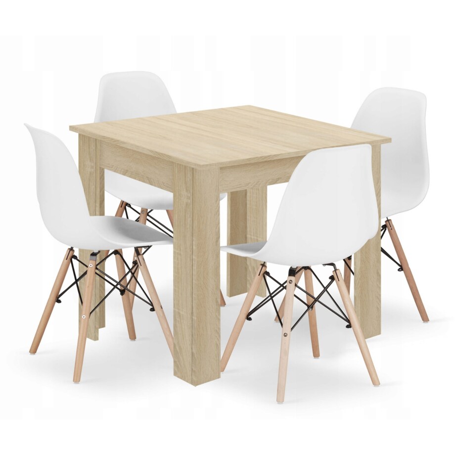 Zestaw Stół Do Jadalni Kuchni Salonu Biura Kwadratowy 80X80 Dąb Sonoma + 4 Krzesła Osaka Białe