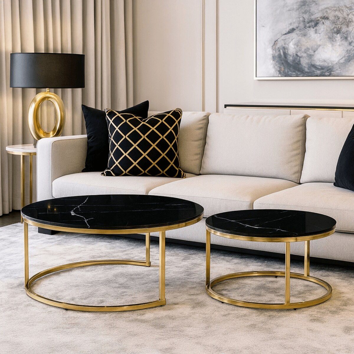 Stolik Kawowy Okrągły Zestaw 2w1 Ława Glamour Marmur Czarny Złoty MILANO