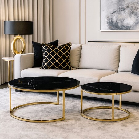 Stolik Kawowy Okrągły Zestaw 2w1 Ława Glamour Marmur Czarny Złoty MILANO