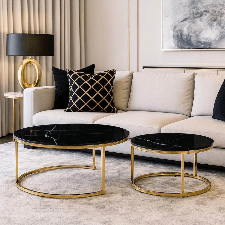 Stolik Kawowy Okrągły Zestaw 2w1 Ława Glamour Marmur Czarny Złoty MILANO