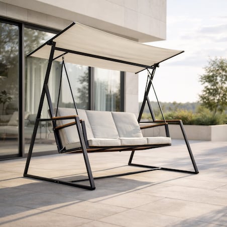 Huśtawka OGRODOWA 3-osobowa bujana z DASZKIEM duża METALOWA wolnostojąca