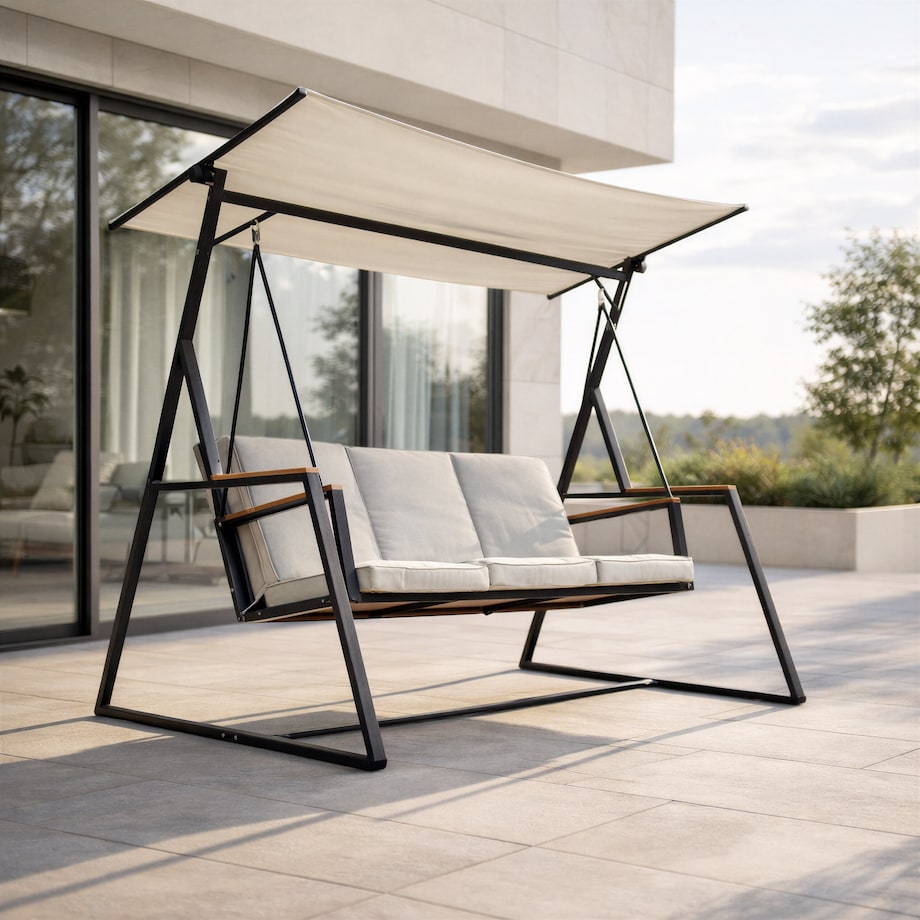 Huśtawka OGRODOWA 3-osobowa bujana z DASZKIEM duża METALOWA wolnostojąca