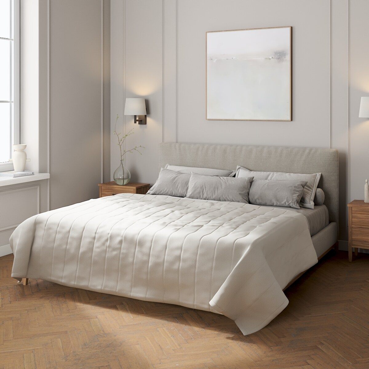 Narzuta pikowana w pasy 200x210 jasny popiel