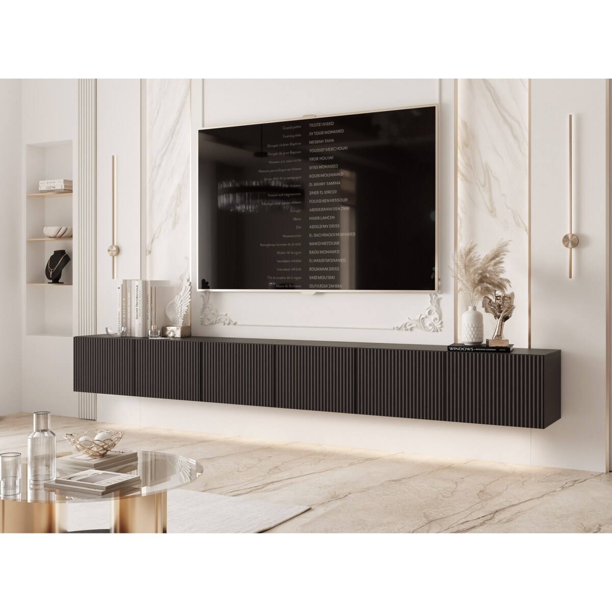 Szafka RTV wisząca CZARNA ANGEL ryflowana 300 cm z oświetleniem LED