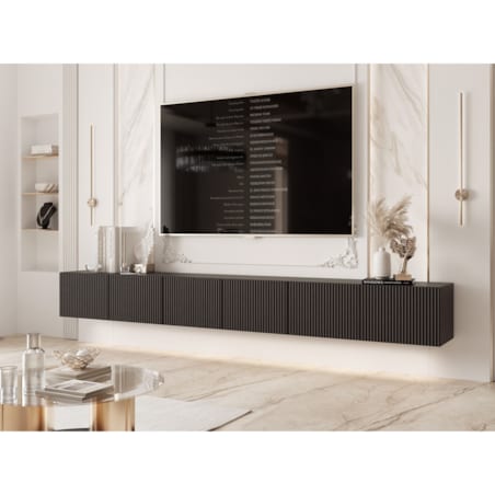 Szafka RTV wisząca CZARNA ANGEL ryflowana 300 cm z oświetleniem LED