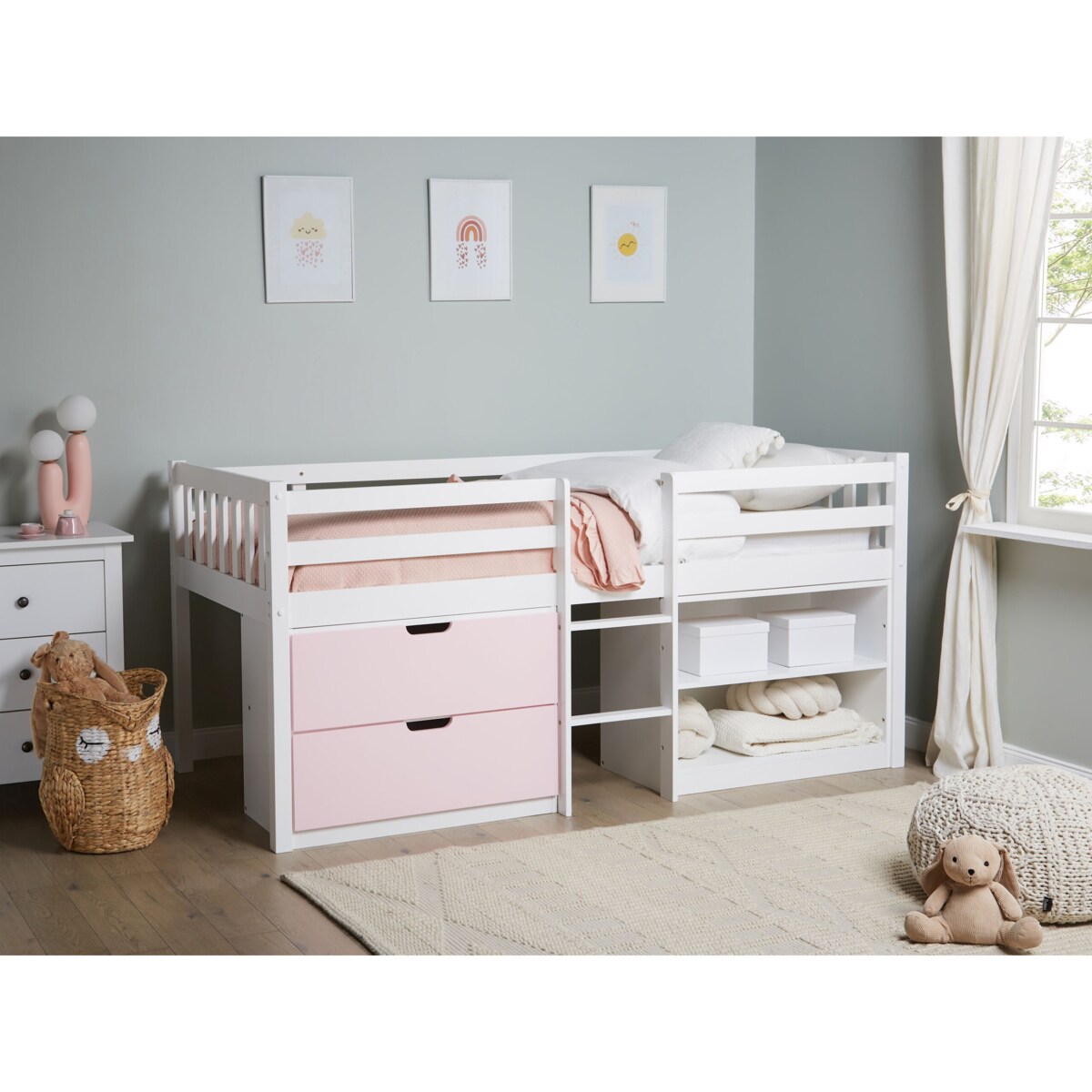 Łóżko dziecięce na podwyższeniu z szufladami drewniane 90 x 200 cm białe z różowym SUSVILLE