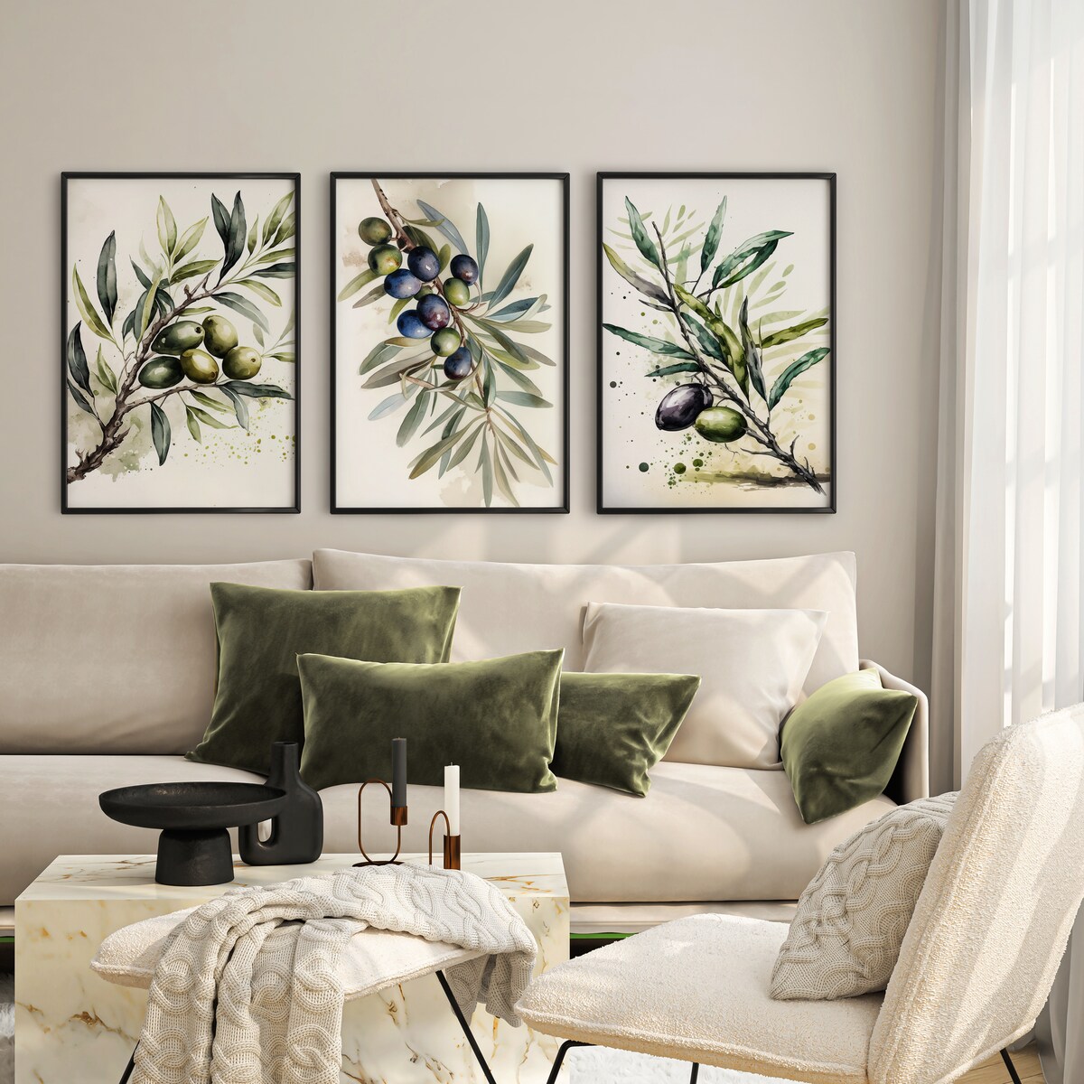 ZESTAW 3X PLAKAT W RAMIE DO JADALNI GAŁĄZKI OLIWNE AKWARELE LIŚCIE 60x80cm