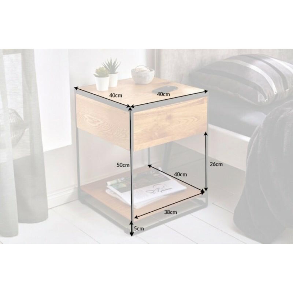 INVICTA stolik nocny SCORPION 40 cm dąb - lite drewno, metal