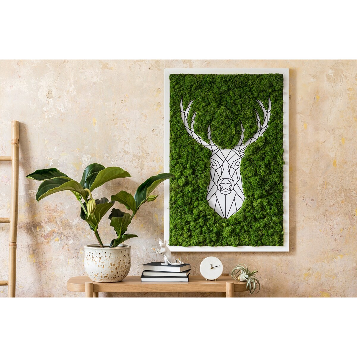 Obraz Geometryczny jeleń - mech chrobotek w białej ramie 40x60cm