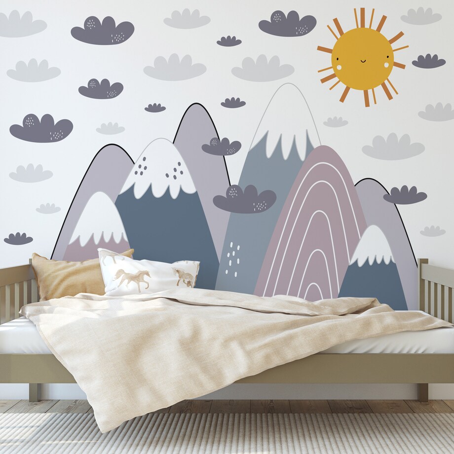 NAKLEJKI NA ŚCIANĘ DLA DZIECI FIOLETOWE GÓRY STYL SKANDYNAWSKI ZESTAW