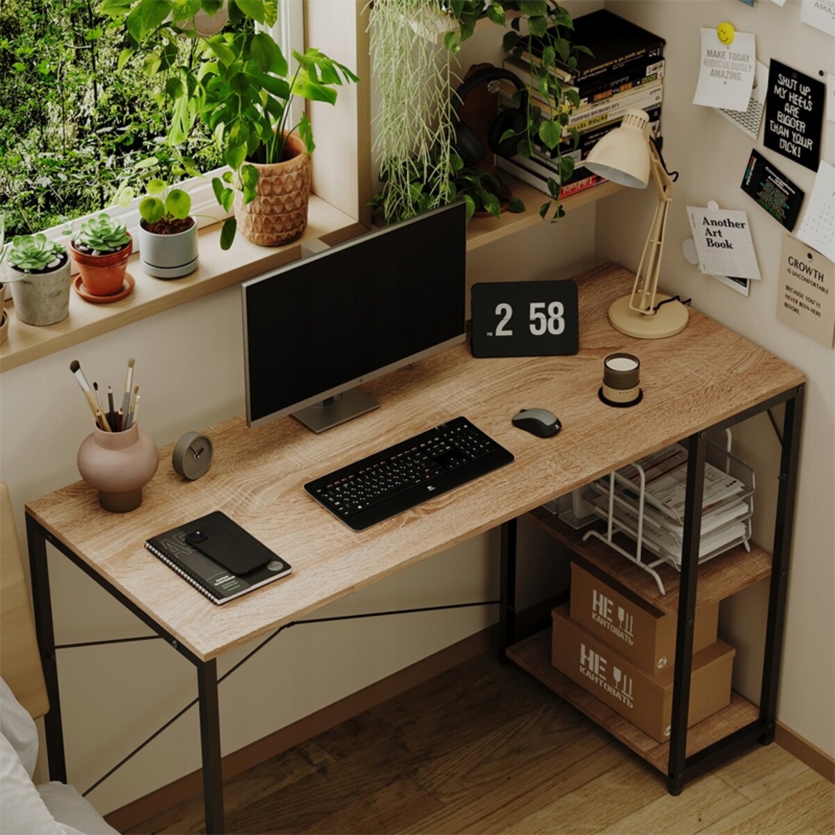 Biurko komputerowe stolik loft jasny brąz nowoczesne z półkami industrialne