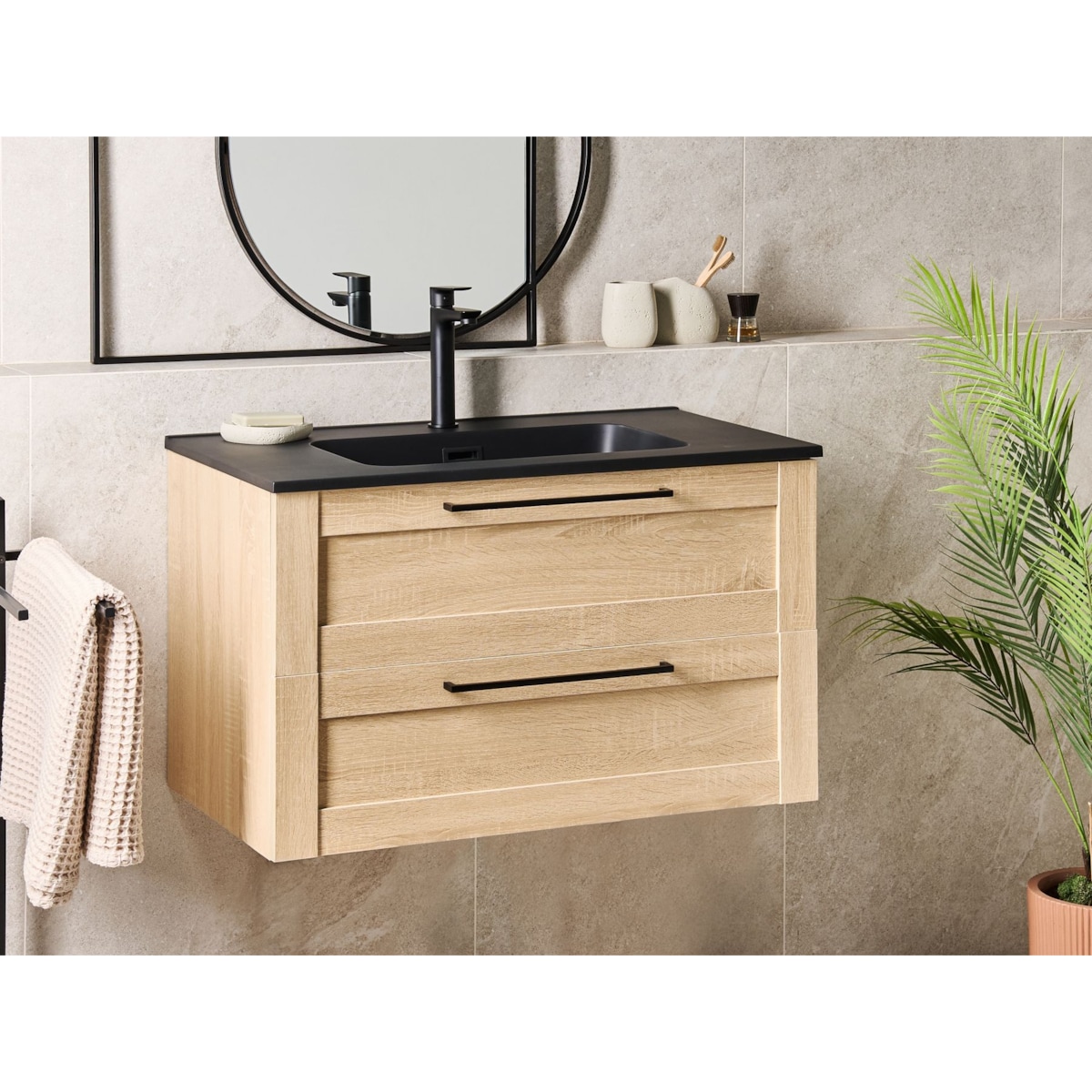 Szafka łazienkowa wisząca z umywalką TARIJA 80 cm Jasnobrązowy