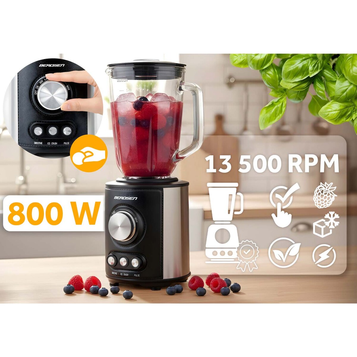 Duży blender kielichowy szklany Berdsen 800w czarny 1,5l