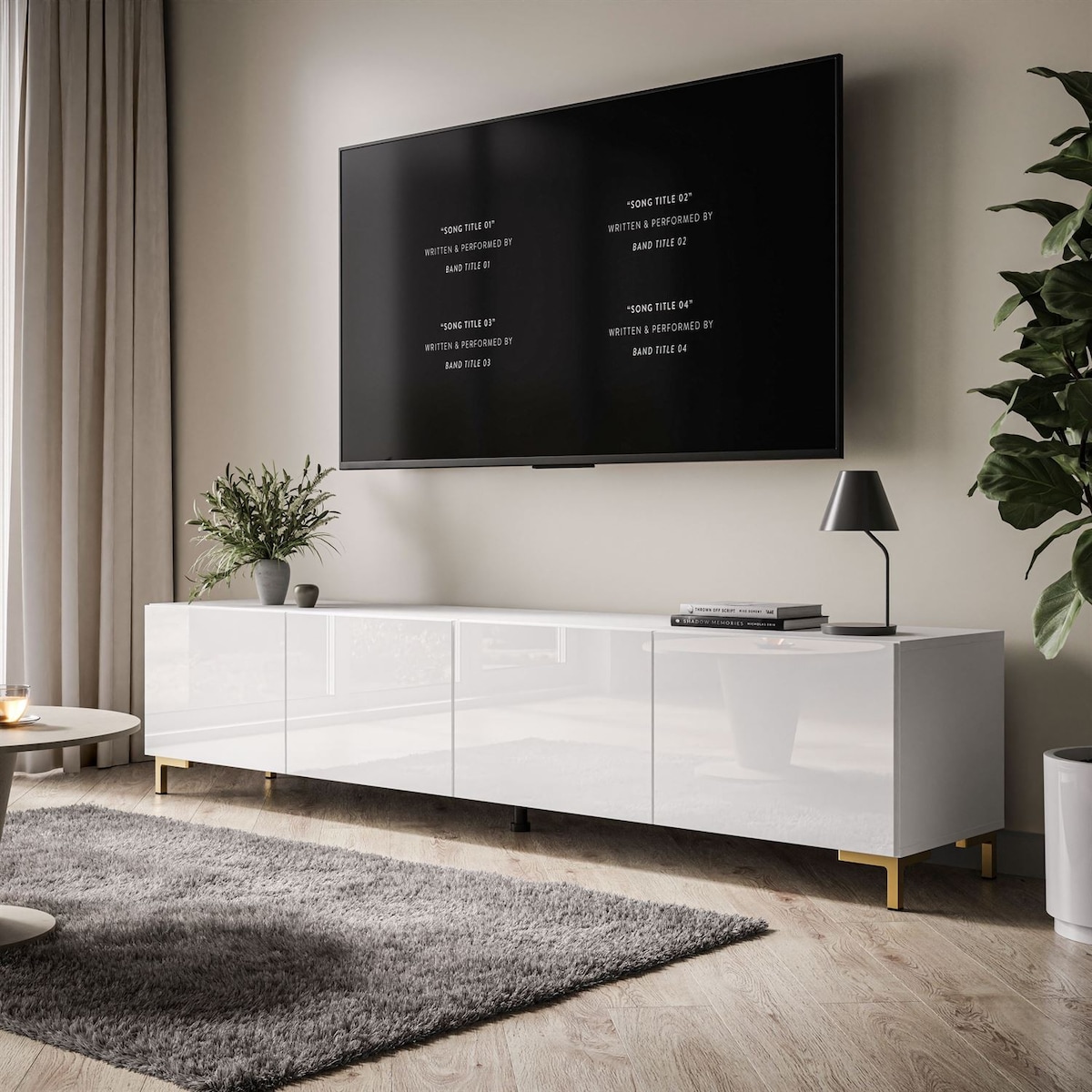 Szafka RTV COLGANTE 200 cm biały połysk nogi złote plastikowe