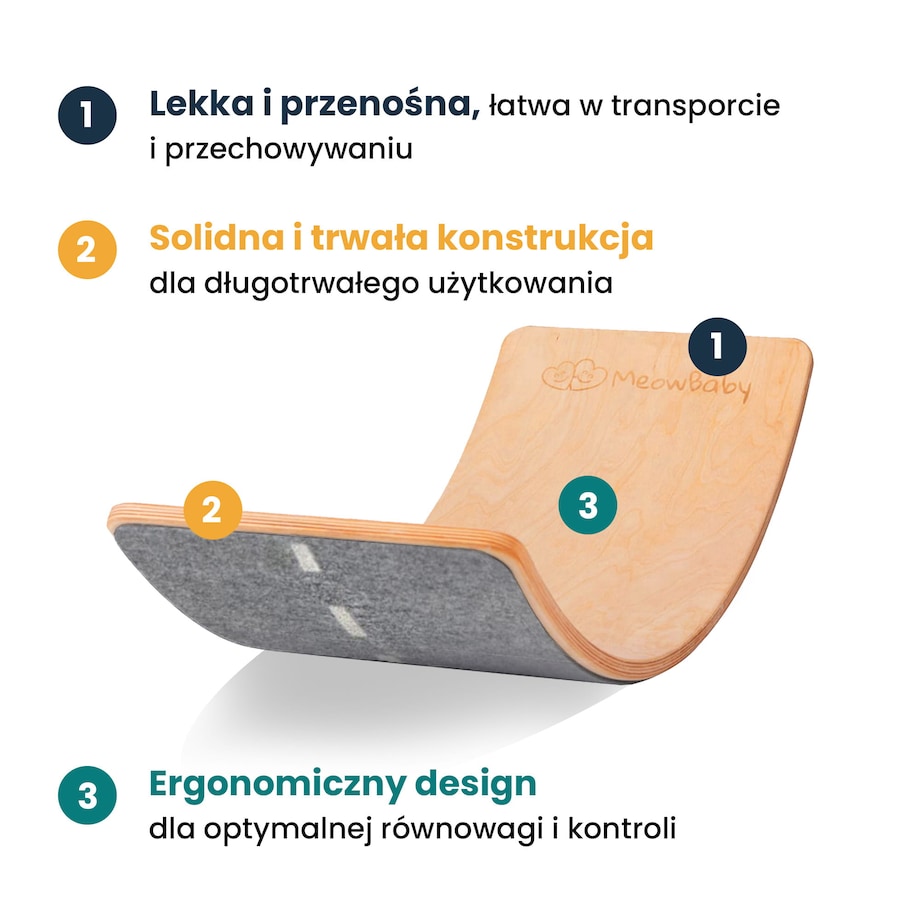 Deska do Balansowania z Filcem 80x30cm dla Dzieci, Drewniany Balance Board, Szary Melanż
