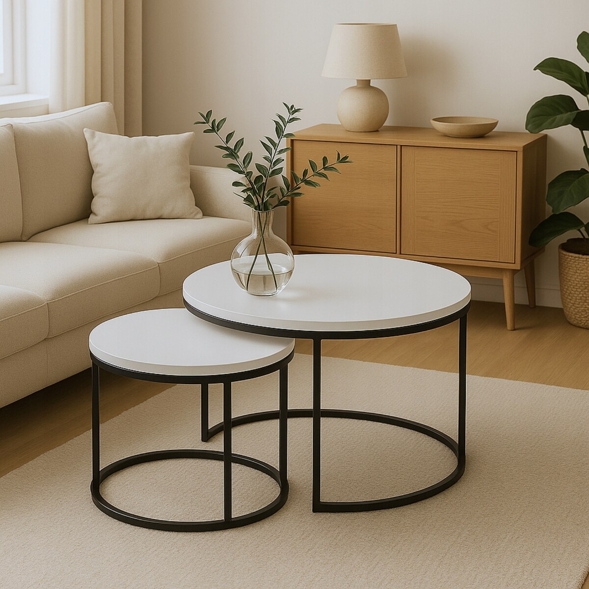 Zestaw 2 Stolików Kawowych Okrągłe LOFTOWE INDUSTRIAL Biały SOFT LOFT DUO