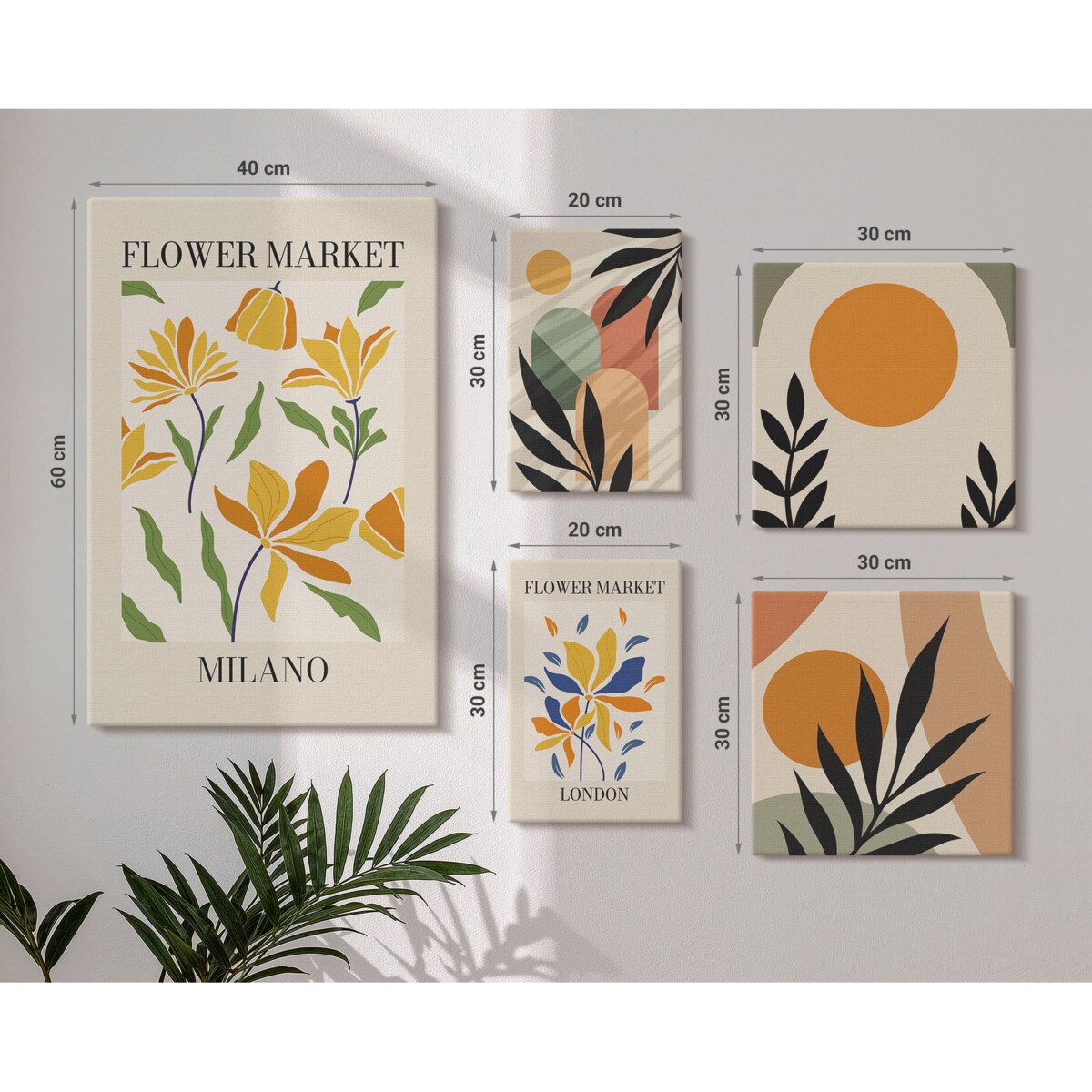 Zestaw 5 obrazów na płótnie - Kwiaty abstrakcyjne boho styl - pomarańczowy