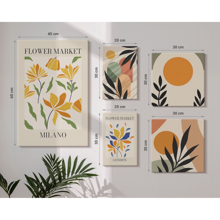 Zestaw 5 obrazów na płótnie - Kwiaty abstrakcyjne boho styl - pomarańczowy