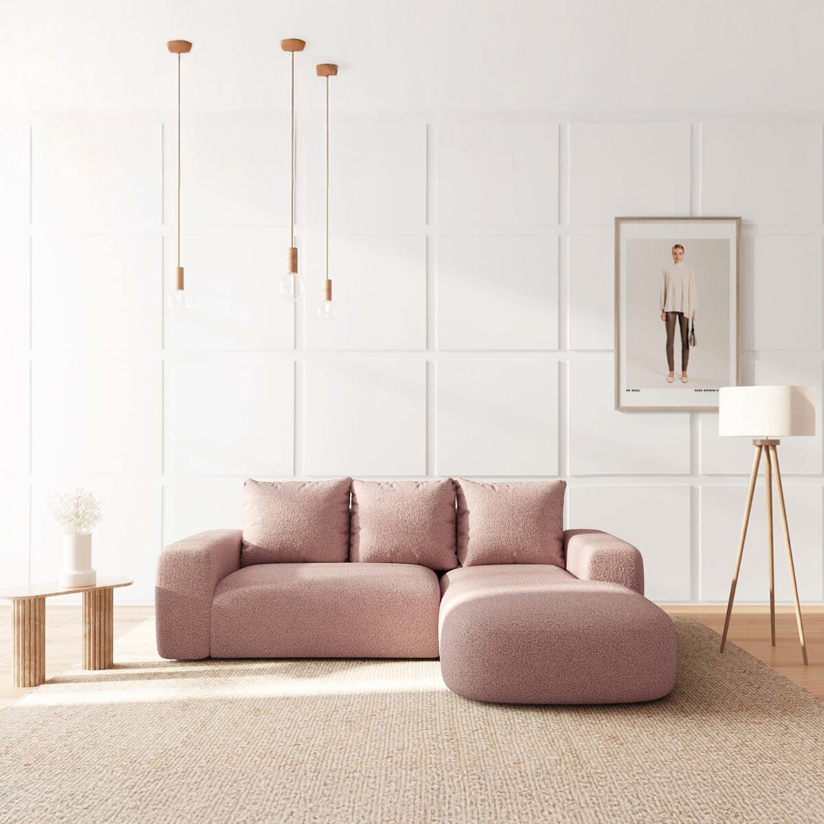 Monce Sofa narożna prawa pastelowy różowa