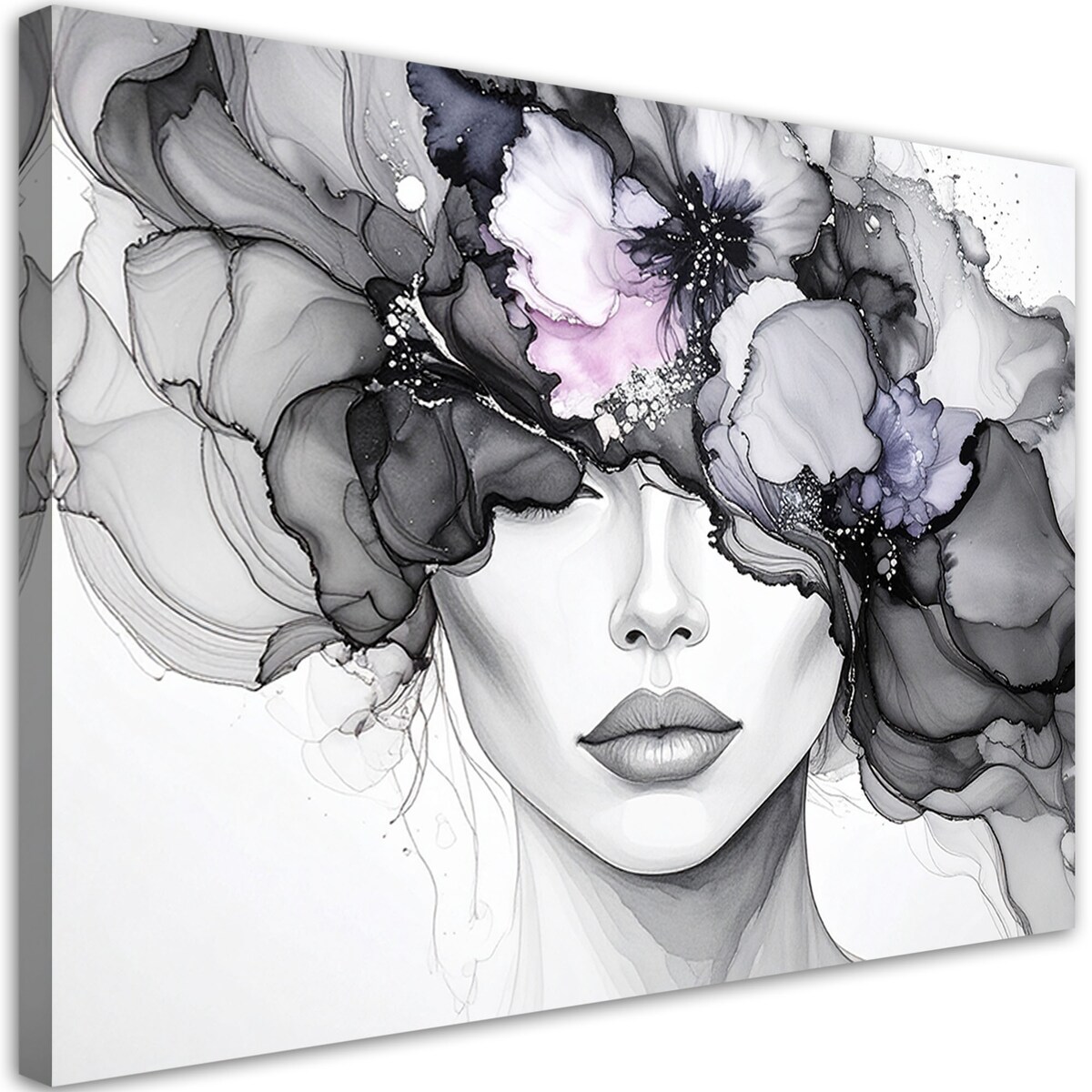 Obraz atramentowy do salonu sypialni, Kobieta z kwiatami na głowie 120x80