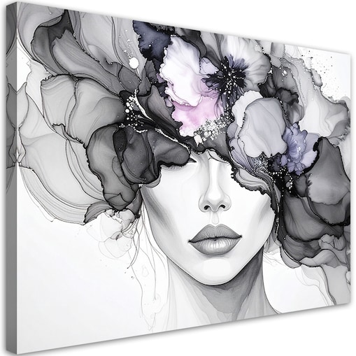 Obraz atramentowy do salonu sypialni, Kobieta z kwiatami na głowie 120x80