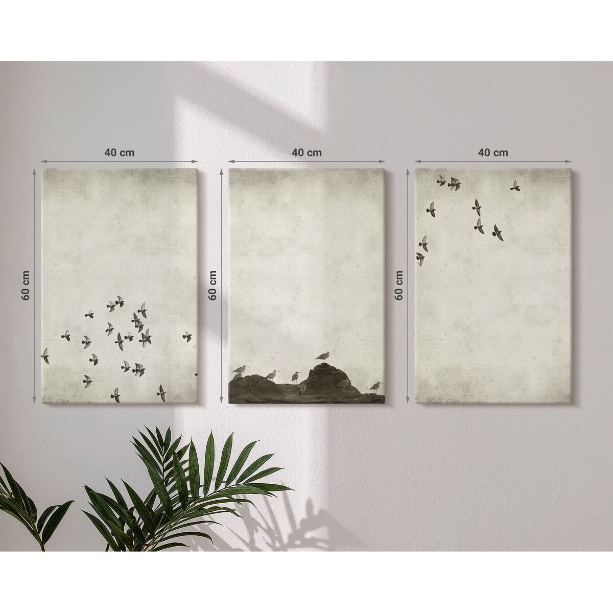 Zestaw 3 dużych obrazów na płótnie - Ptaki w locie styl minimalistyczny - beżowy
