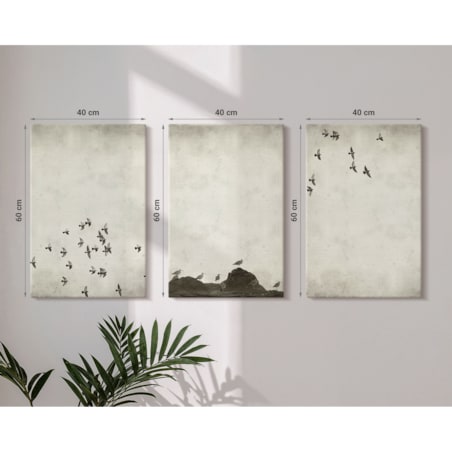 Zestaw 3 dużych obrazów na płótnie - Ptaki w locie styl minimalistyczny - beżowy